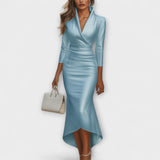 Rebecca - Elegante vestido midi de satén blanco con escote en V