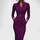 Hana - Elegante vestido negro con cinturón y cuello