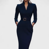 Hana - Elegante vestido negro con cinturón y cuello