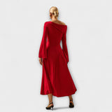 Willa - Vestido midi con hombros descubiertos y mangas abullonadas fruncidas