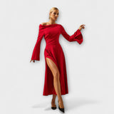 Willa - Vestido midi con hombros descubiertos y mangas abullonadas fruncidas
