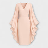 Rachel - Vestido midi rosa con cuello de pico y mangas de gasa