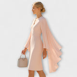 Rachel - Vestido midi rosa con cuello de pico y mangas de gasa