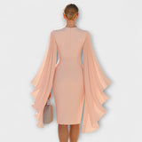 Rachel - Vestido midi rosa con cuello de pico y mangas de gasa