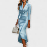 Rebecca - Elegante vestido midi de satén blanco con escote en V