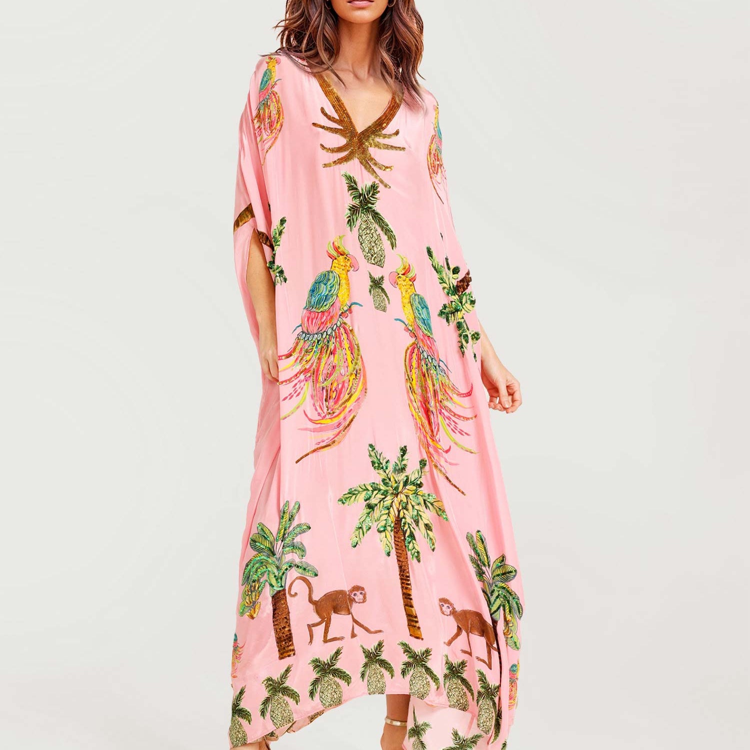 Alessandra | Vestido Largo Estampado de Loro Negro y Rosa