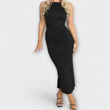 Maxivestido elegante sin mangas con fruncido