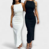 Maxivestido elegante sin mangas con fruncido