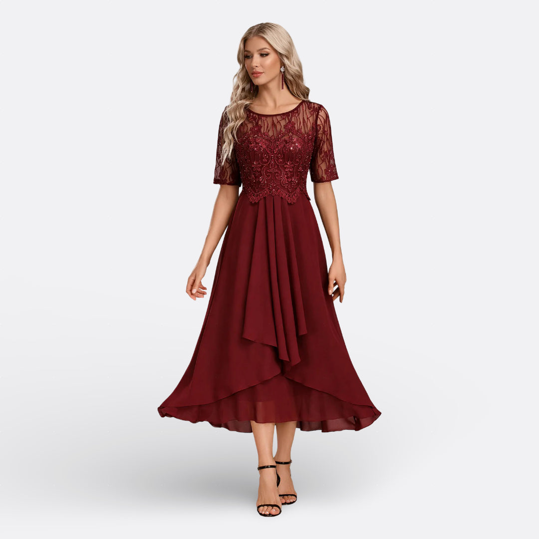 Mariana - Vestido Azul Marino Renda Manga Corta