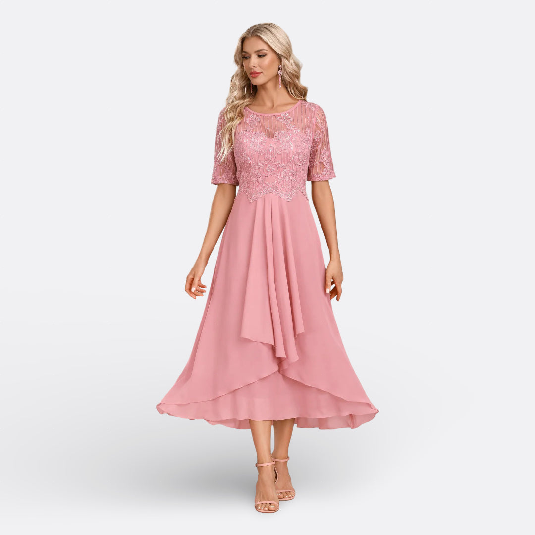 Mariana - Vestido Azul Marino Renda Manga Corta