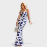 Thalia - Vestido de fiesta con estampado floral y tirantes anudados