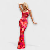 Thalia - Vestido de fiesta con estampado floral y tirantes anudados