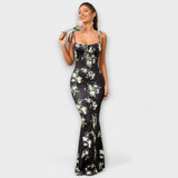 Thalia - Vestido de fiesta con estampado floral y tirantes anudados