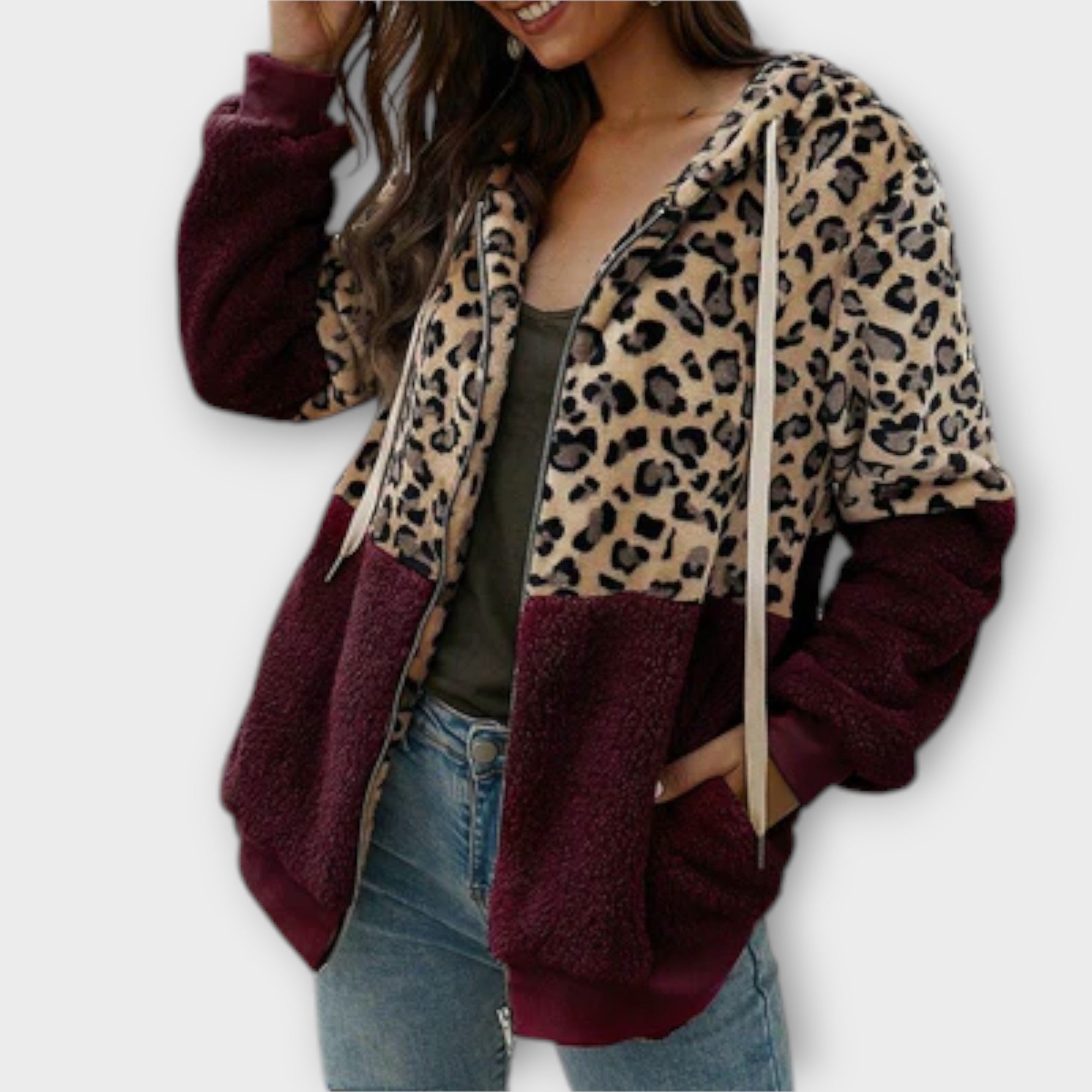 Lea - Sudadera polar con capucha y diseño de leopardo