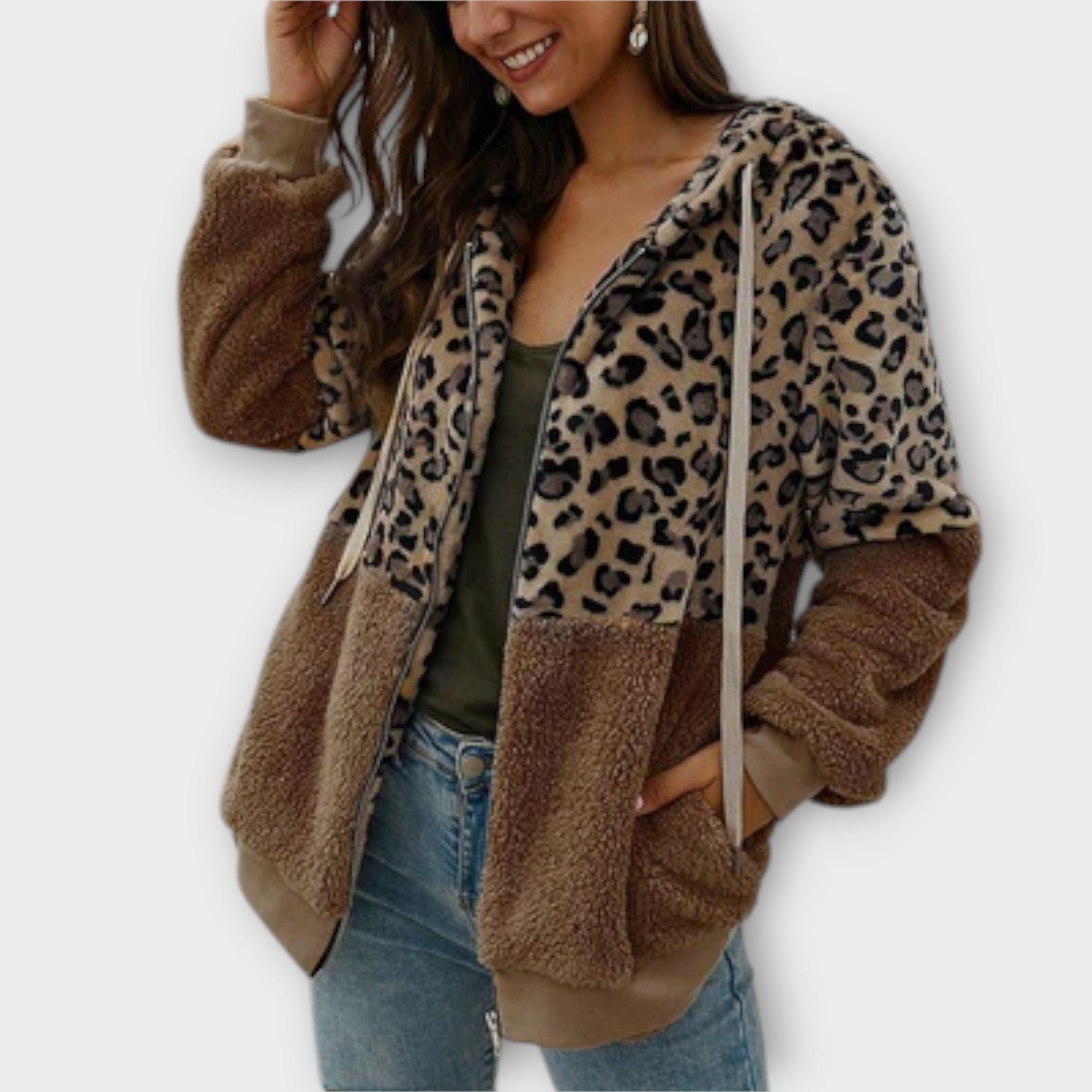 Lea - Sudadera polar con capucha y diseño de leopardo