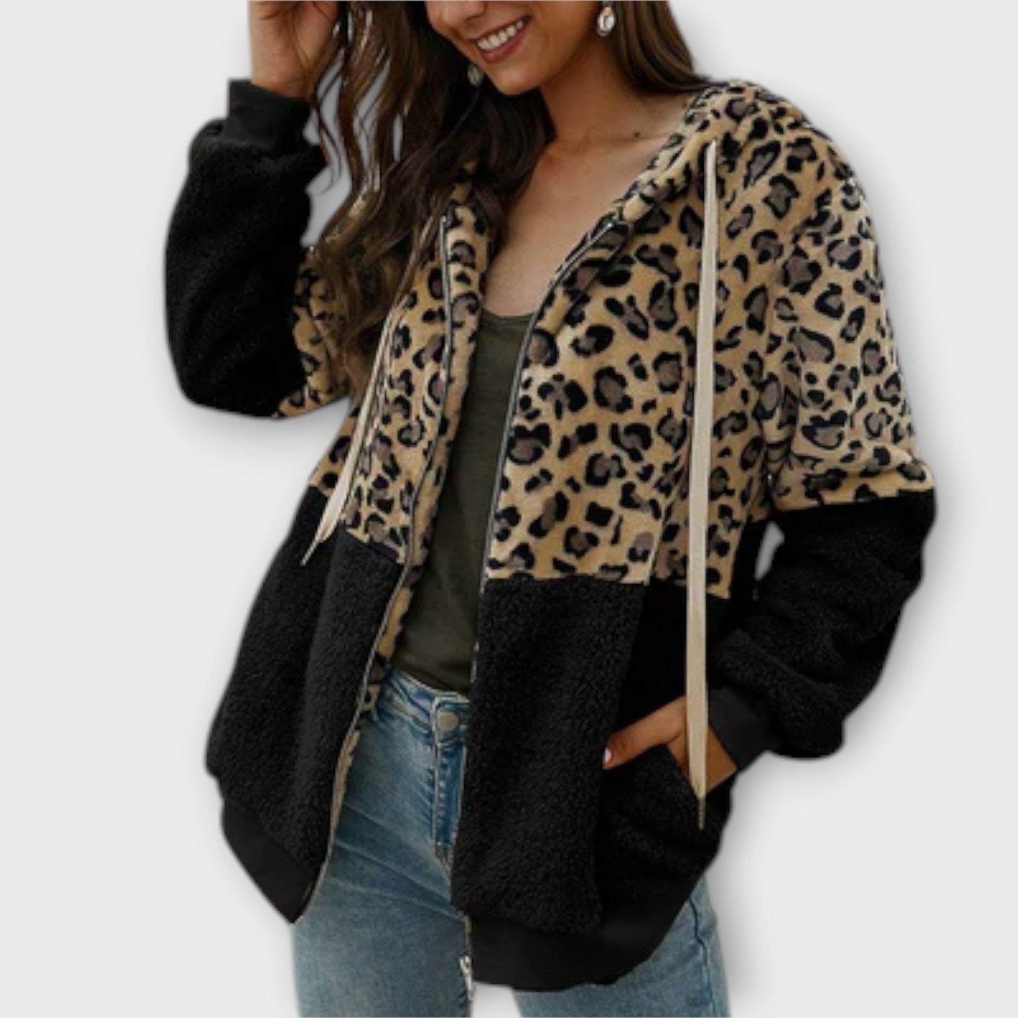 Lea - Sudadera polar con capucha y diseño de leopardo