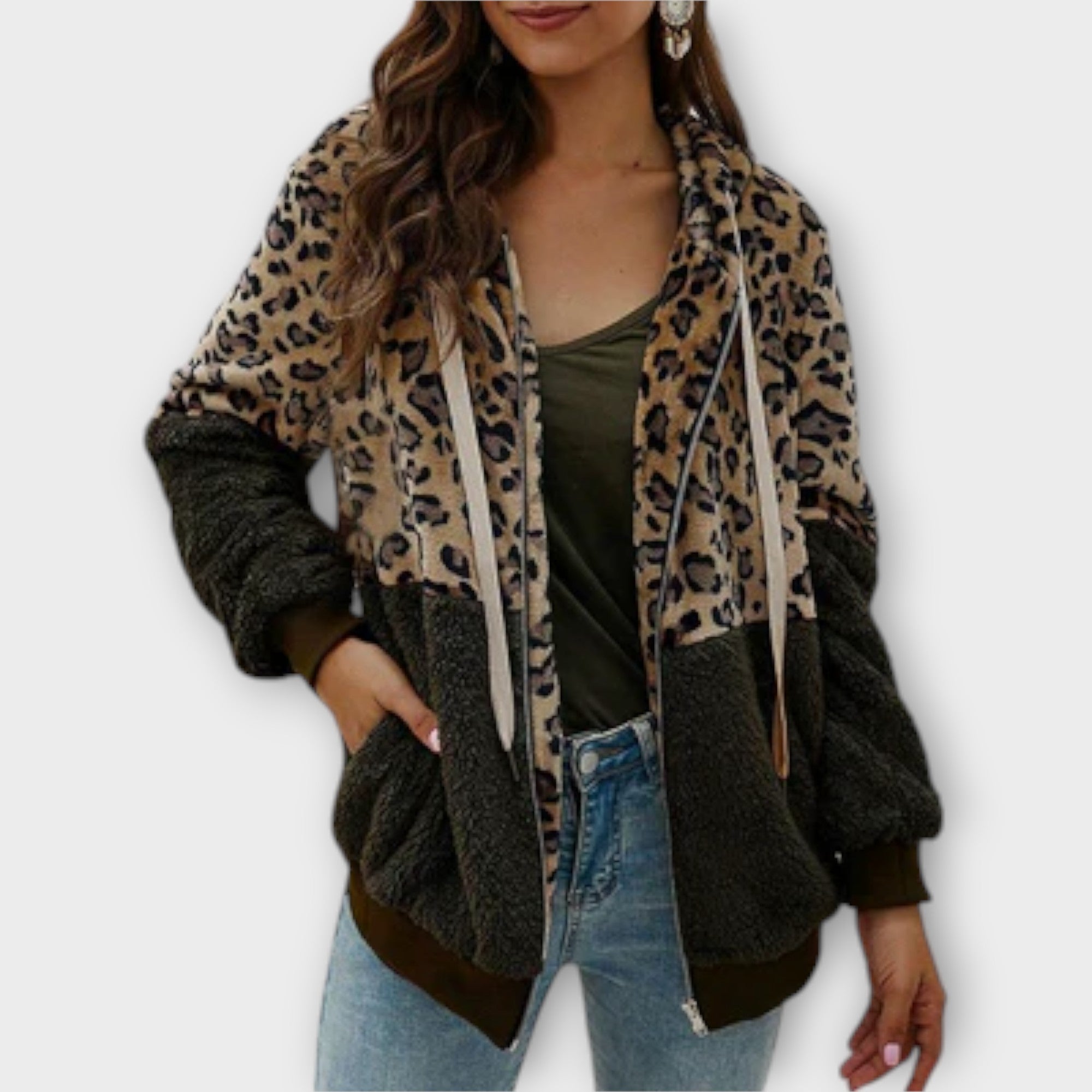 Lea - Sudadera polar con capucha y diseño de leopardo
