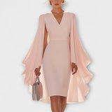 Rachel - Vestido midi rosa con cuello de pico y mangas de gasa
