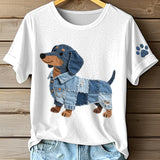 Ciela - Camiseta de mujer con estampado de perro salchicha y patchwork vaquero