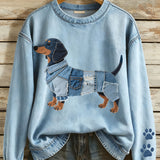 Sudadera de mujer Sol con patchwork de denim y estampado de perro salchicha