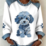 Luz - Sudadera de mujer con estampado patchwork y estampado denim de perro peludo