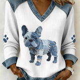 Abril - Top artístico de patchwork vaquero para mujer con bulldog francés y escote en V