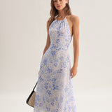 Clarice | Vestido Midi Azul Floral con Escote Halter