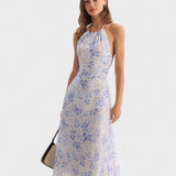 Clarice | Vestido Midi Azul Floral con Escote Halter