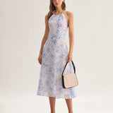 Clarice | Vestido Midi Azul Floral con Escote Halter
