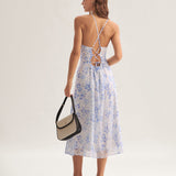 Clarice | Vestido Midi Azul Floral con Escote Halter