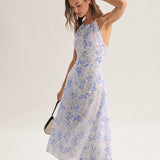 Clarice | Vestido Midi Azul Floral con Escote Halter